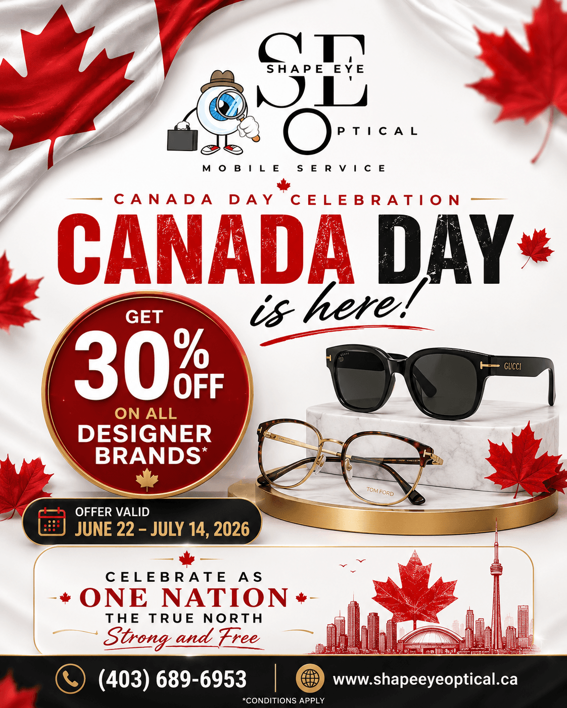 Canada Day promotional banner by Shape Eye Optical celebrating Canada Day with a special offer on premium frames and lenses, delivered to your doorstep in Calgary.