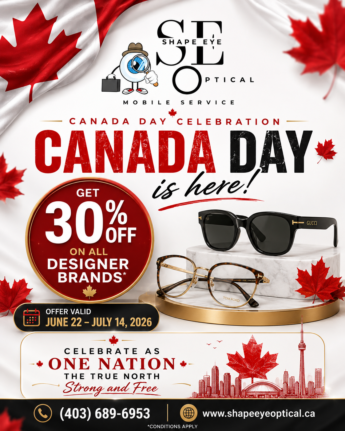 Canada Day promotional banner by Shape Eye Optical celebrating Canada Day with a special offer on premium frames and lenses, delivered to your doorstep in Calgary.